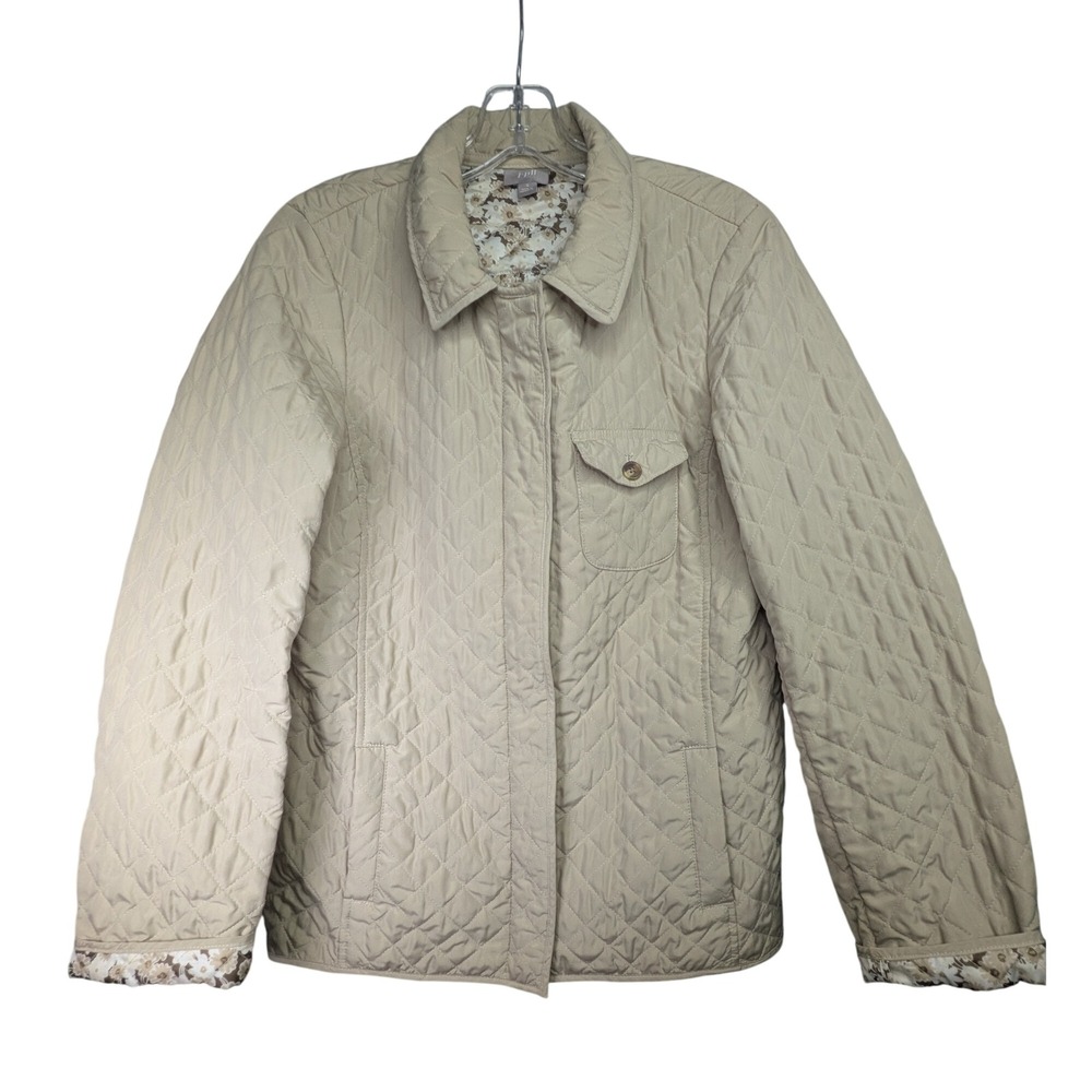 J. Jill Womens Quilted Barn Jacket Small Tan Beige Floral Lining Full Zip Pocket